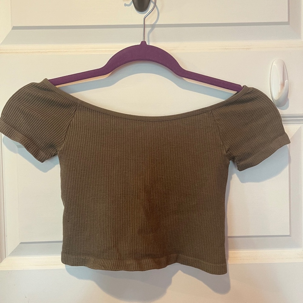 Ribbed Cropped Short Sleeve Top - Green - Size M/L